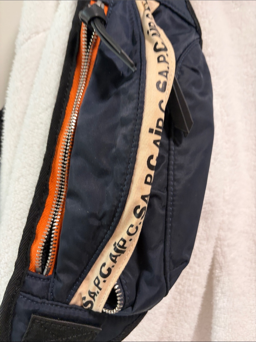A.P.C. Navy and Orange Men's Belt Bag with Beige Logo Trim